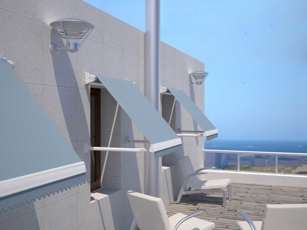 Diseño 3d de toldos azules en una casa de playa